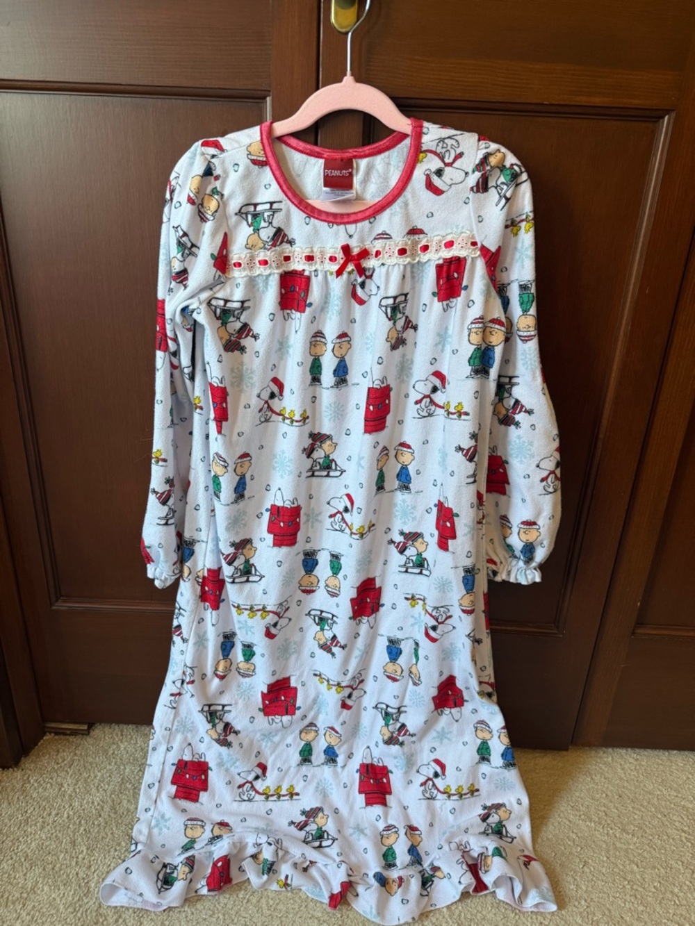 Peanuts Girls White Nightgown with Red Trim & Multicolor Character Print